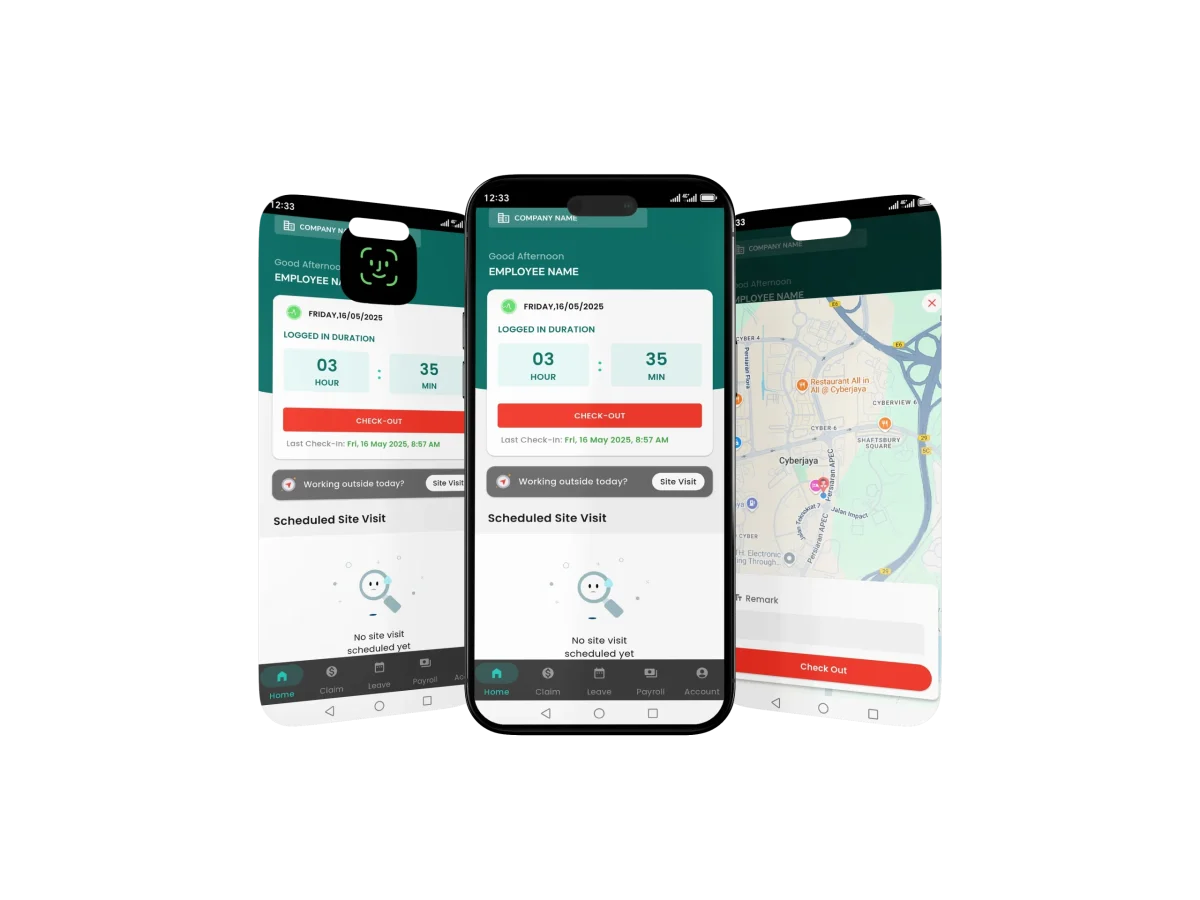 Check-In mesraHR 1 phone 2 extra side screen E-Attendance mesraHR (face recognition)