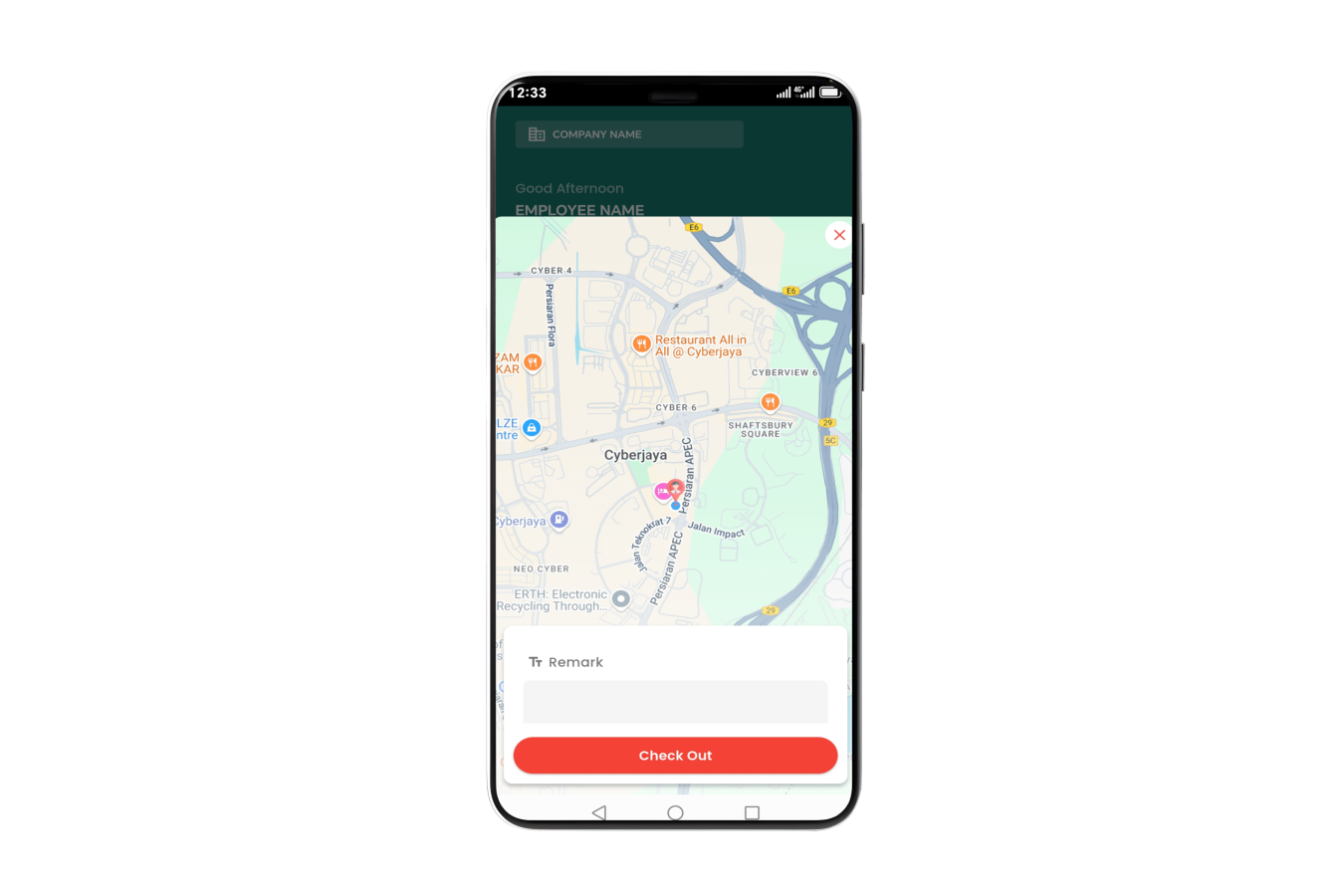 Check-In mesraHR 1 phone front facing location E-Attendance mesraHR (location)